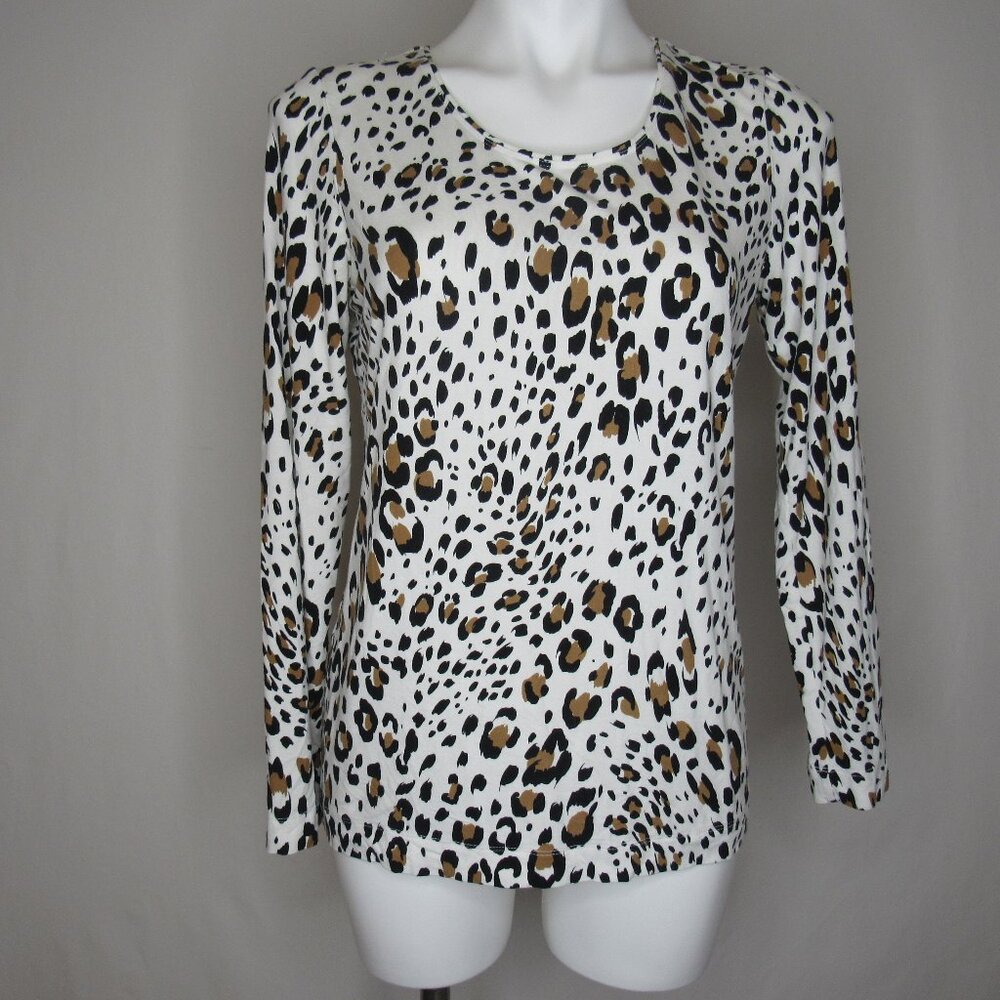 Chico's White Leopard Animal Print Long Sleeve Knit Top Women's 1 M Medium